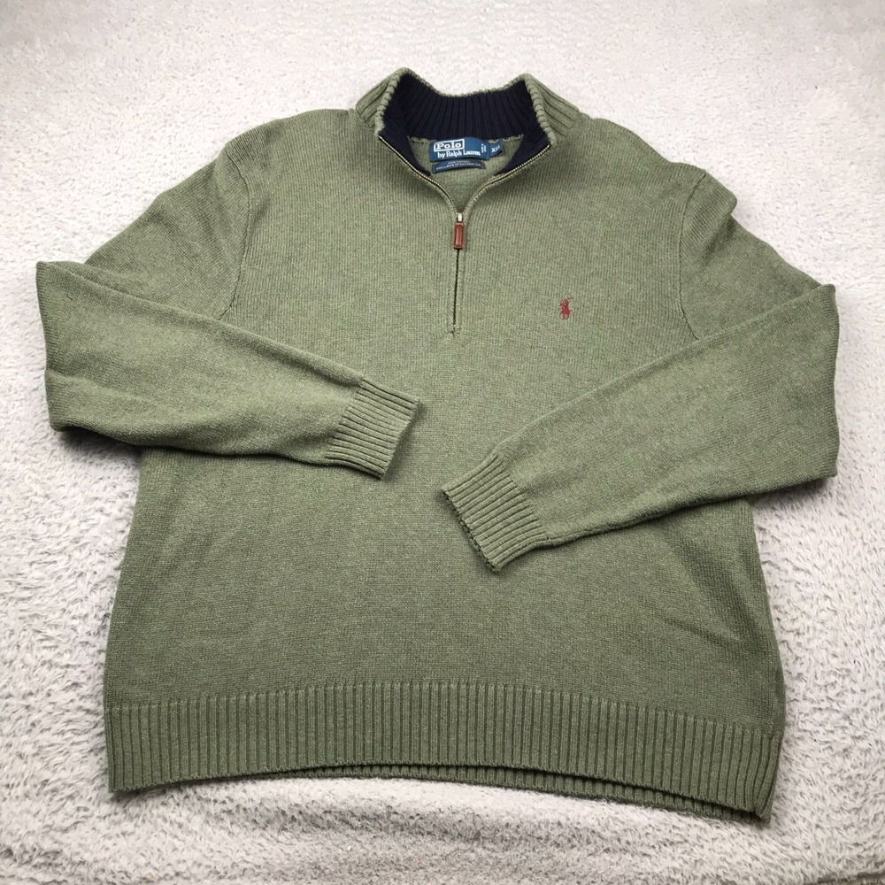Polo Ralph Lauren 1/4 Zip Sweater Mens 2XL Green Cotton Knit Pullover Vintage